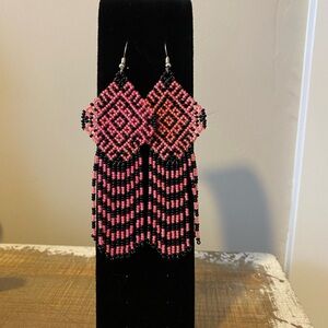 Boho Beaded Black and White Tassel Earrings